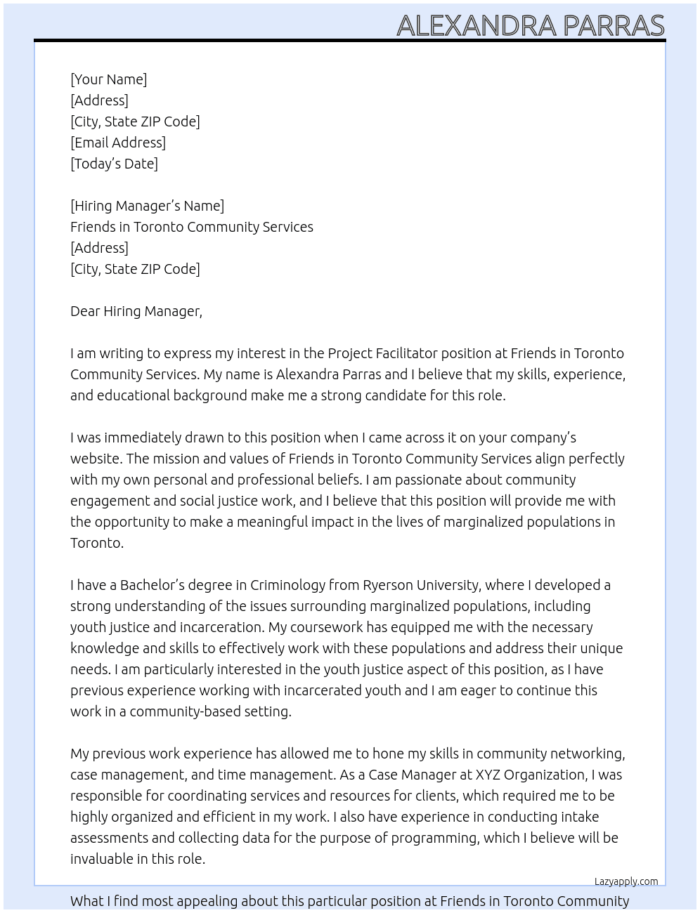 Project Facilitator  At Friends in Toronto Community Services  Cover Letter