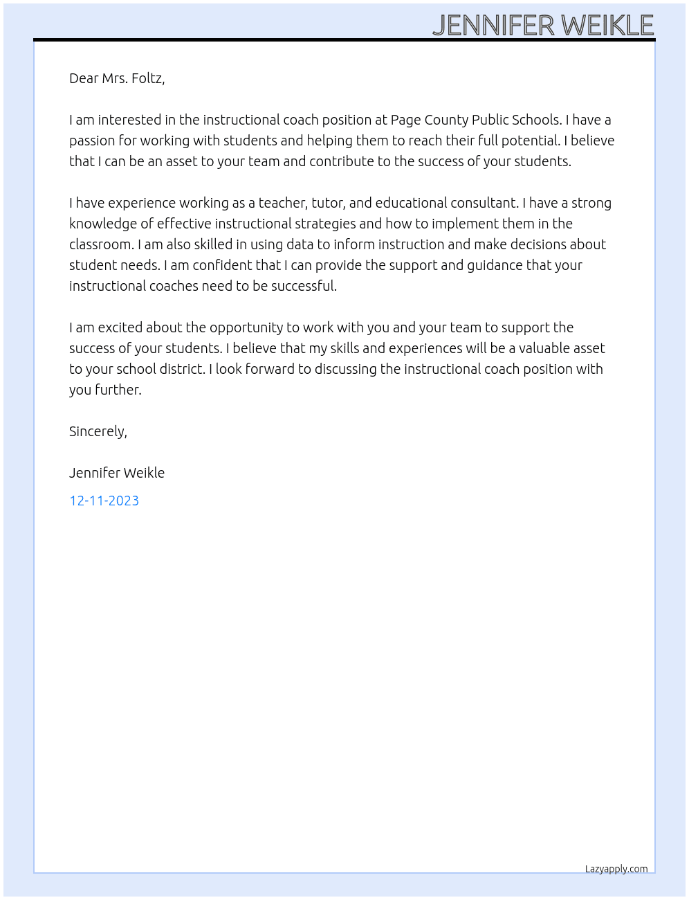 Instructional coach  At Page County Public Schools  Cover Letter