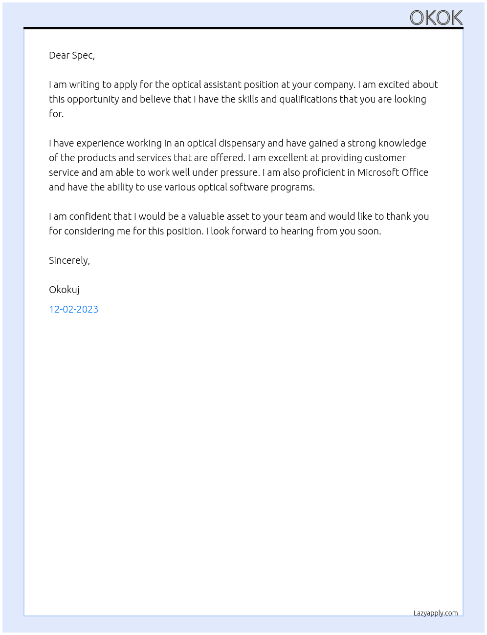 optical assistant At spec Cover Letter
