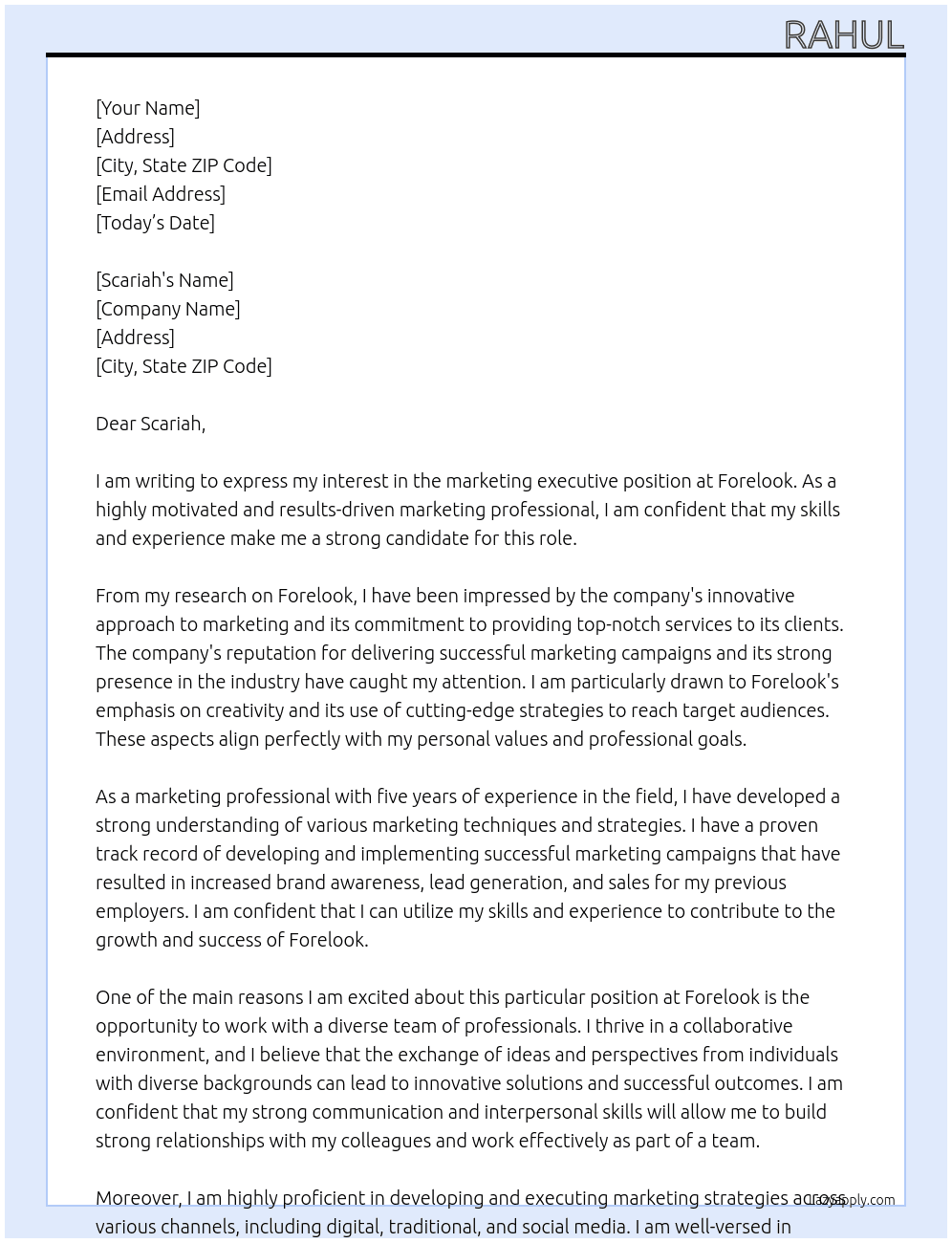 marketing executive At forelook Cover Letter