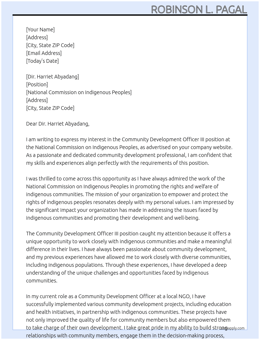 community development officer III At national Commission on Indigenous peoples Cover Letter