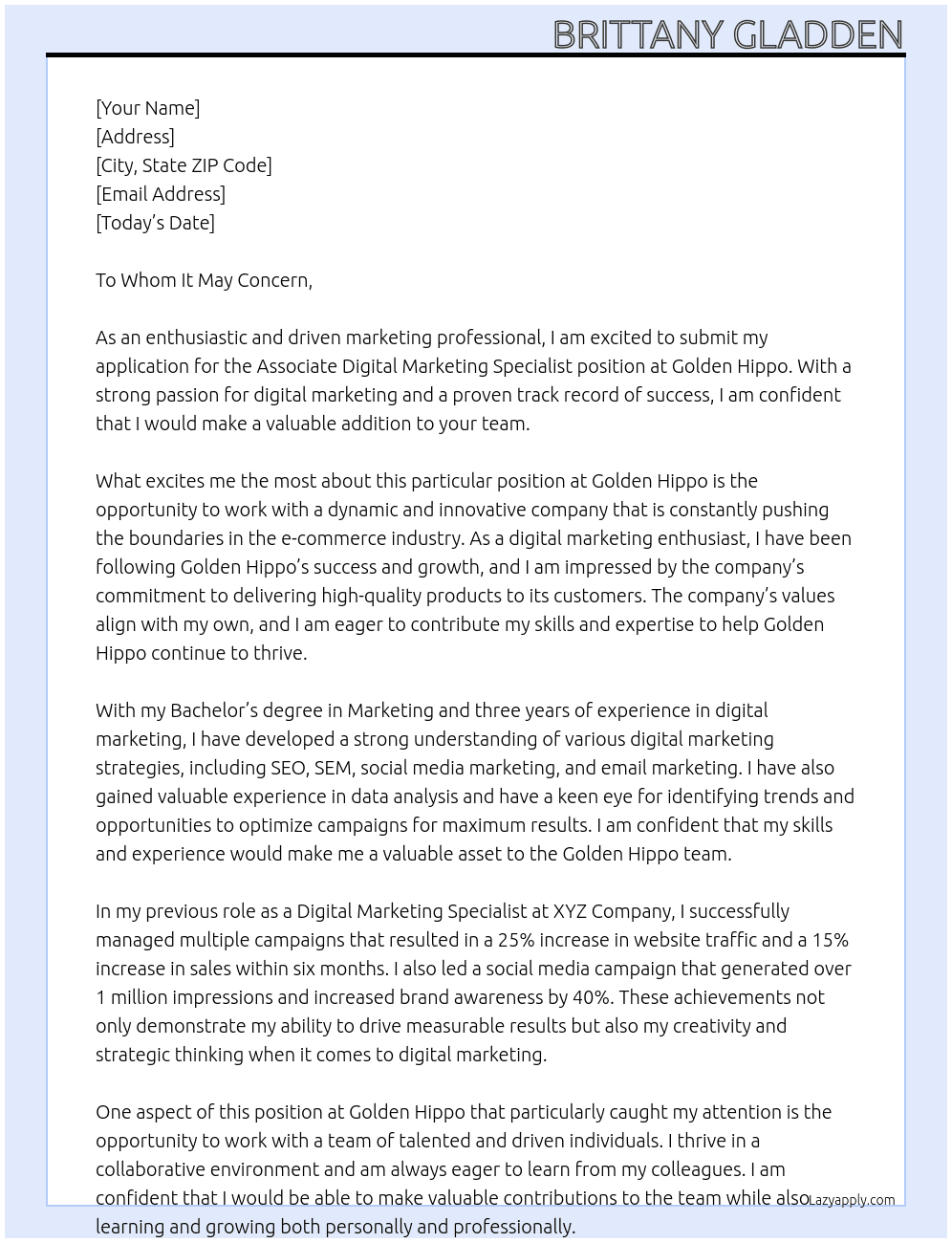 Associate Digital Marketing Specialist At Golden Hippo Cover Letter