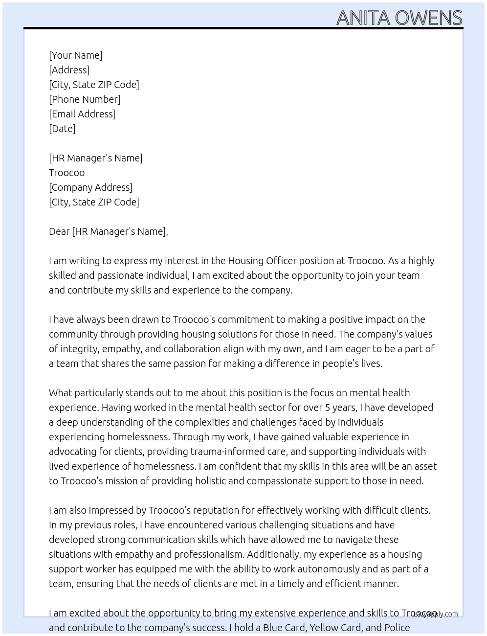 Housing Officer At Troocoo Cover Letter
