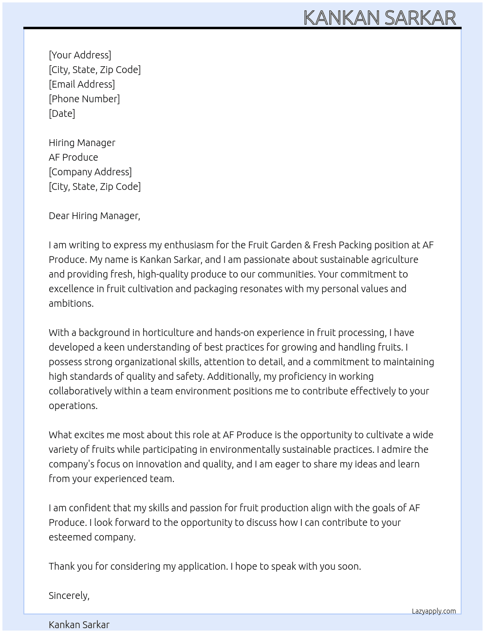 Cover letter for fruit garden & fruit fresh paking - LazyApply