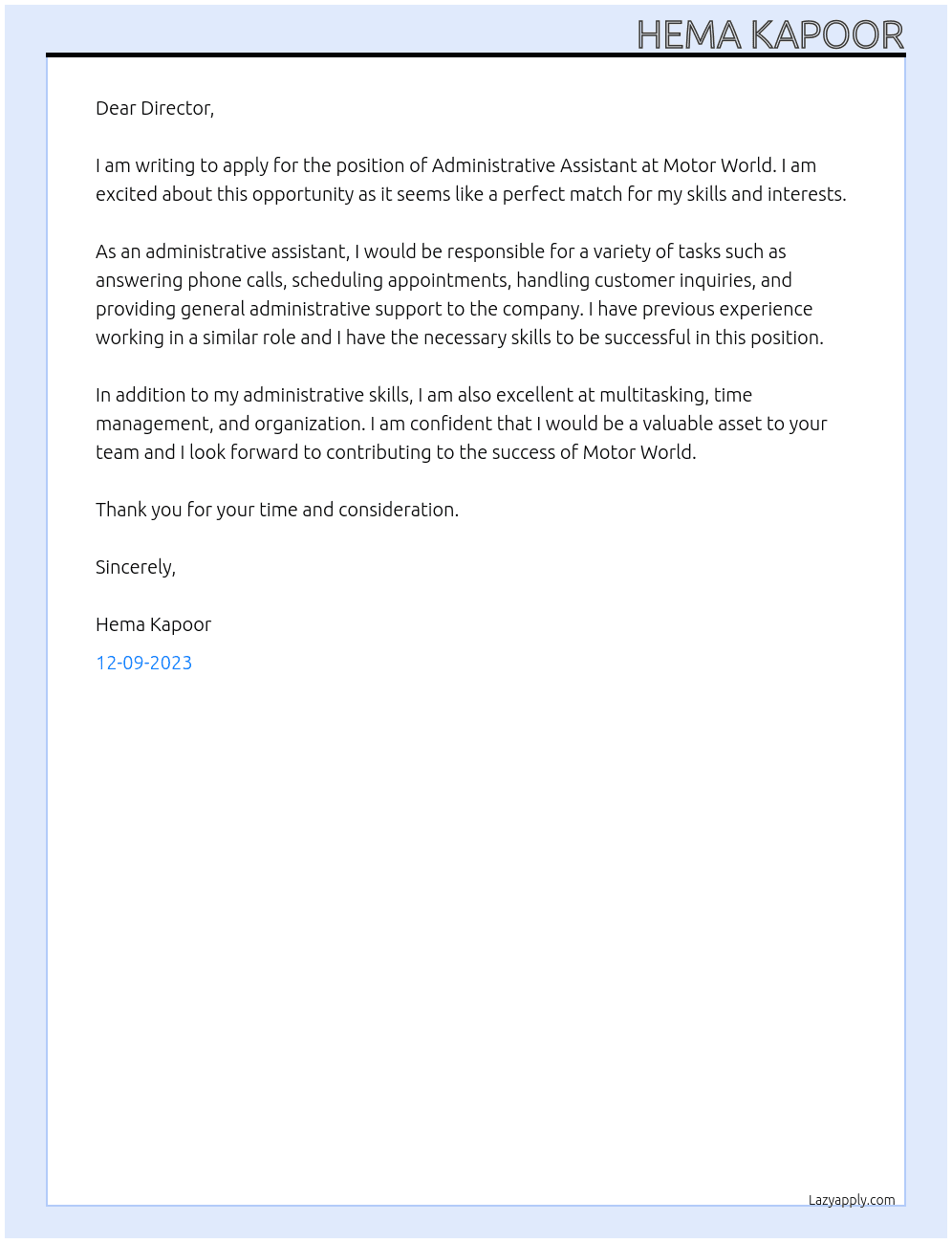 Administrative Assistant At Motor world Cover Letter