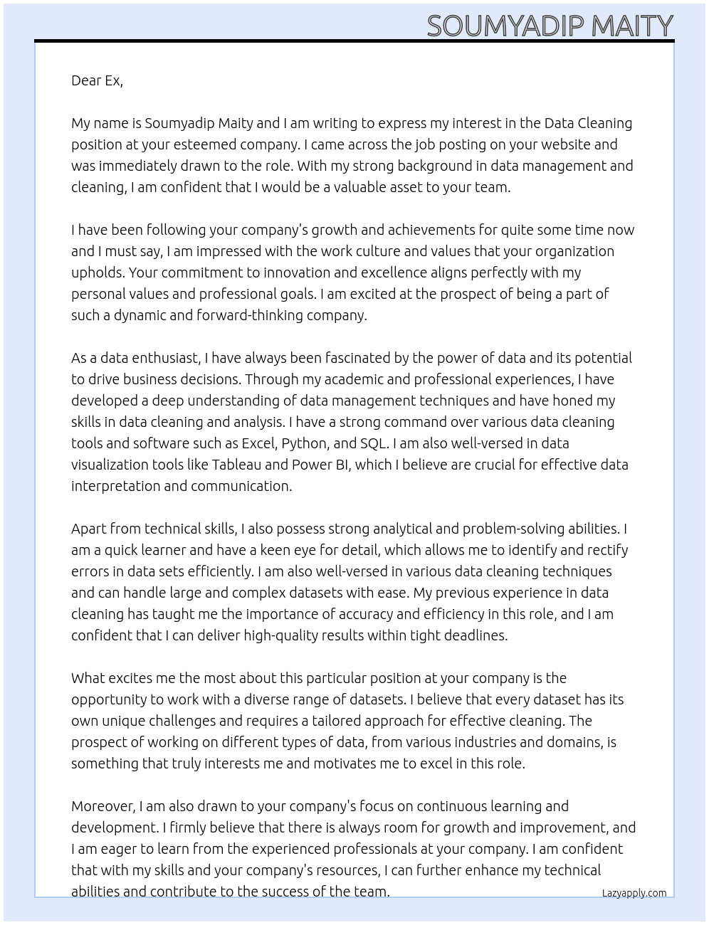 Data cleaning  At Ex Cover Letter
