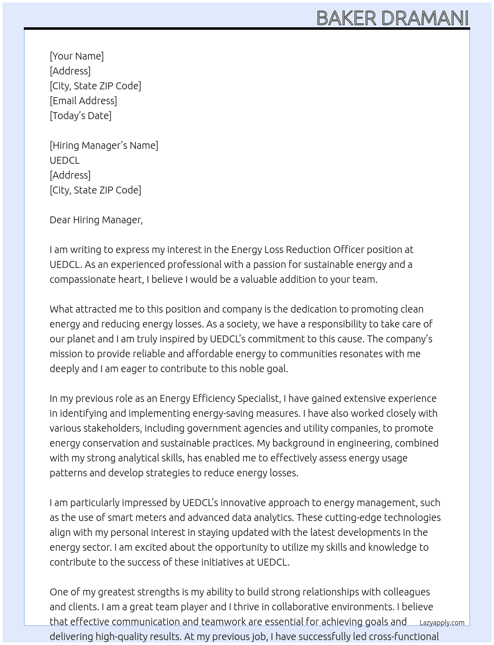Energy Loss Reduction Officer At UEDCL Cover Letter