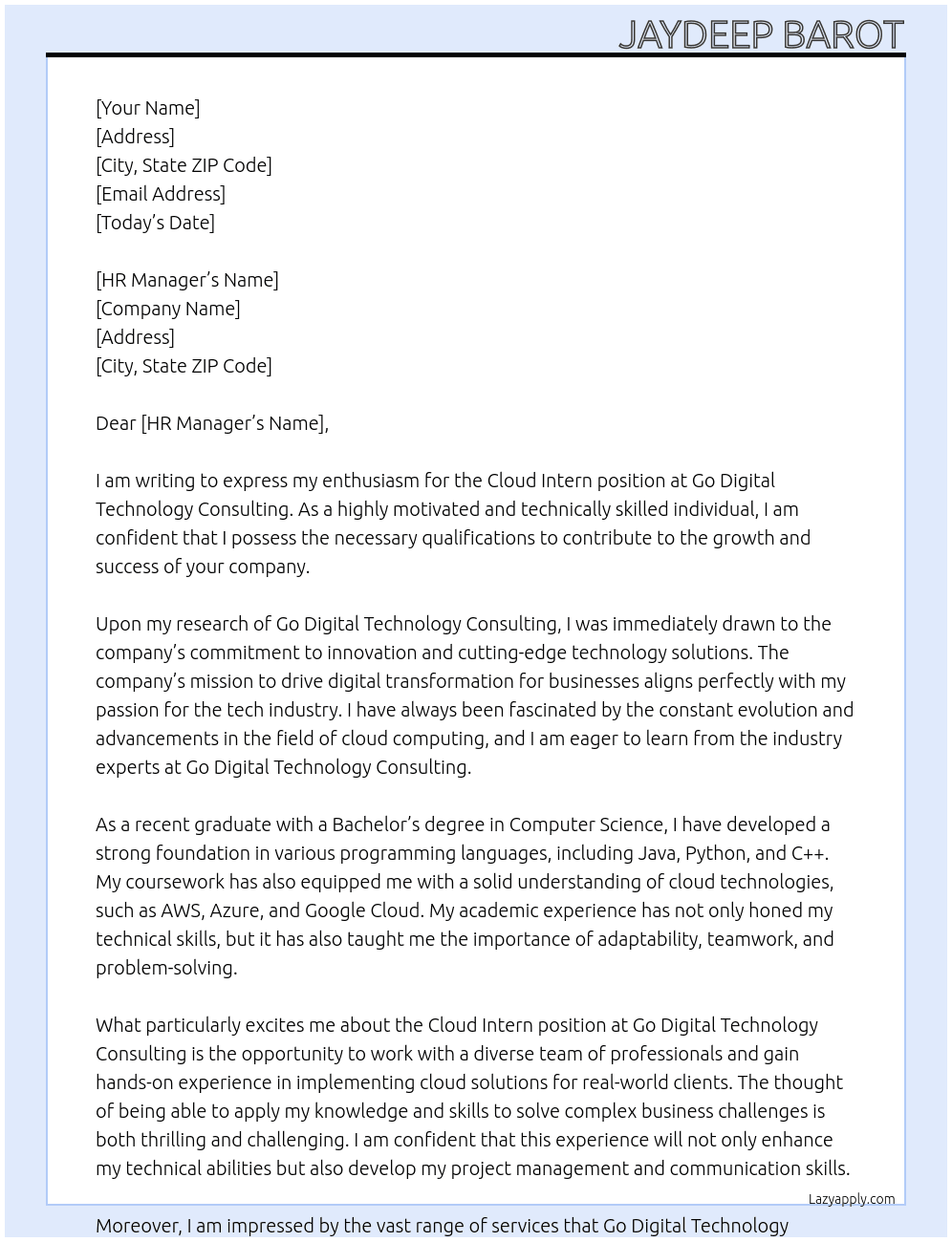 cloud intern At Go Digital Technology Consulting Cover Letter