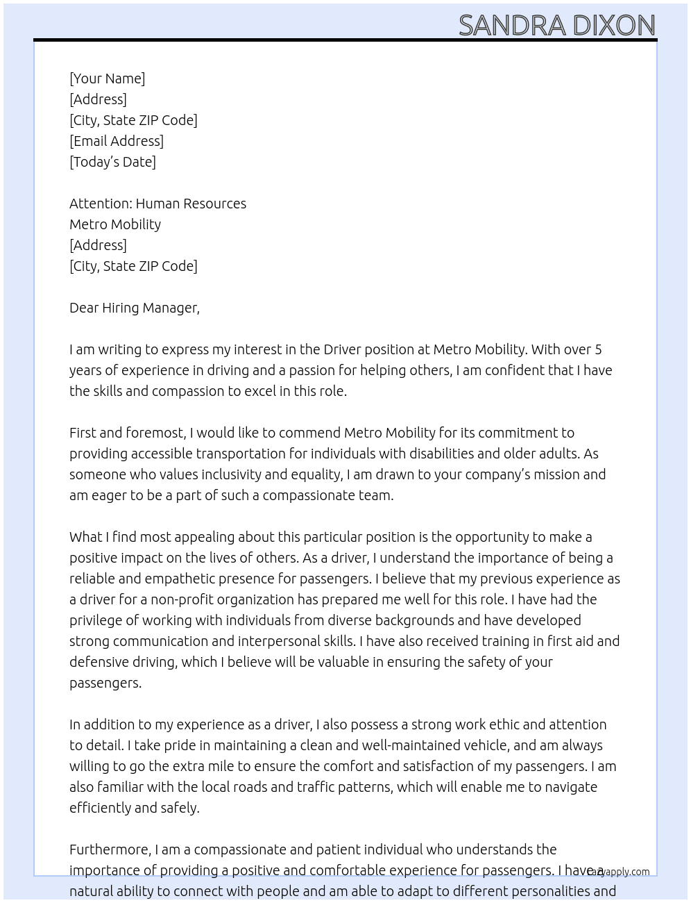 Driver At Metro Mobility Cover Letter