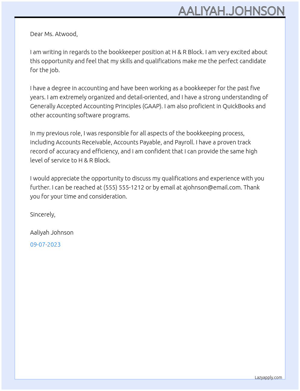 Bookkeeper At H & R Block Cover Letter