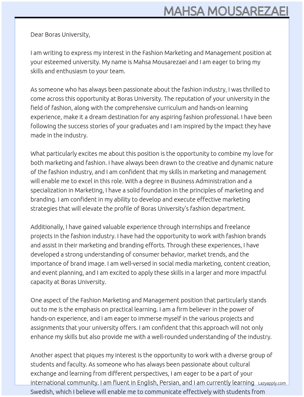 Fashion Marketing and Management  At Boras University Cover Letter