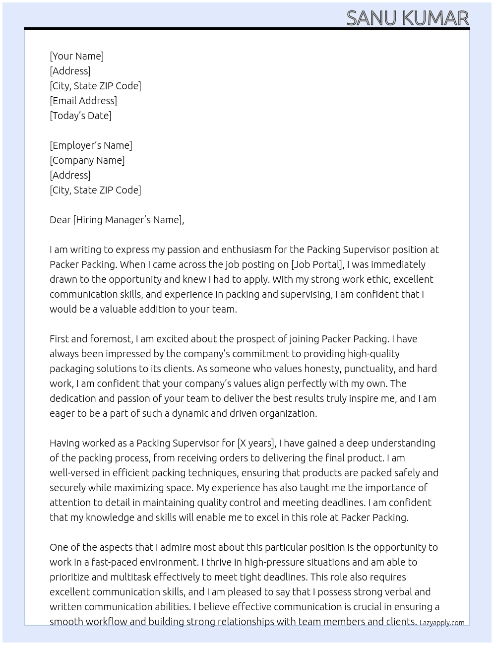 Packing Supervisor At Packer packing Cover Letter