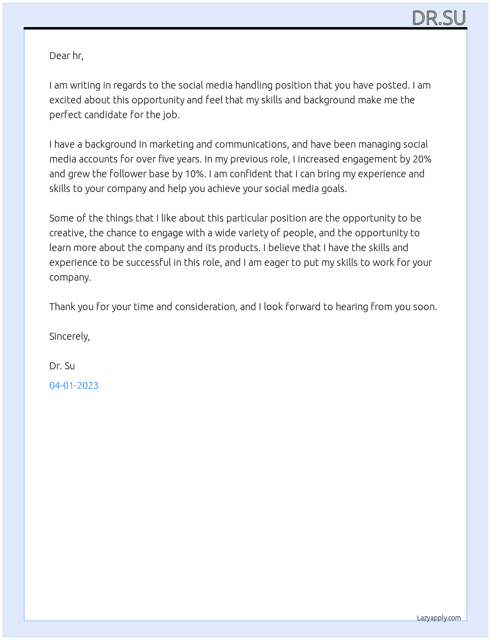 social media handling At dr.su Cover Letter
