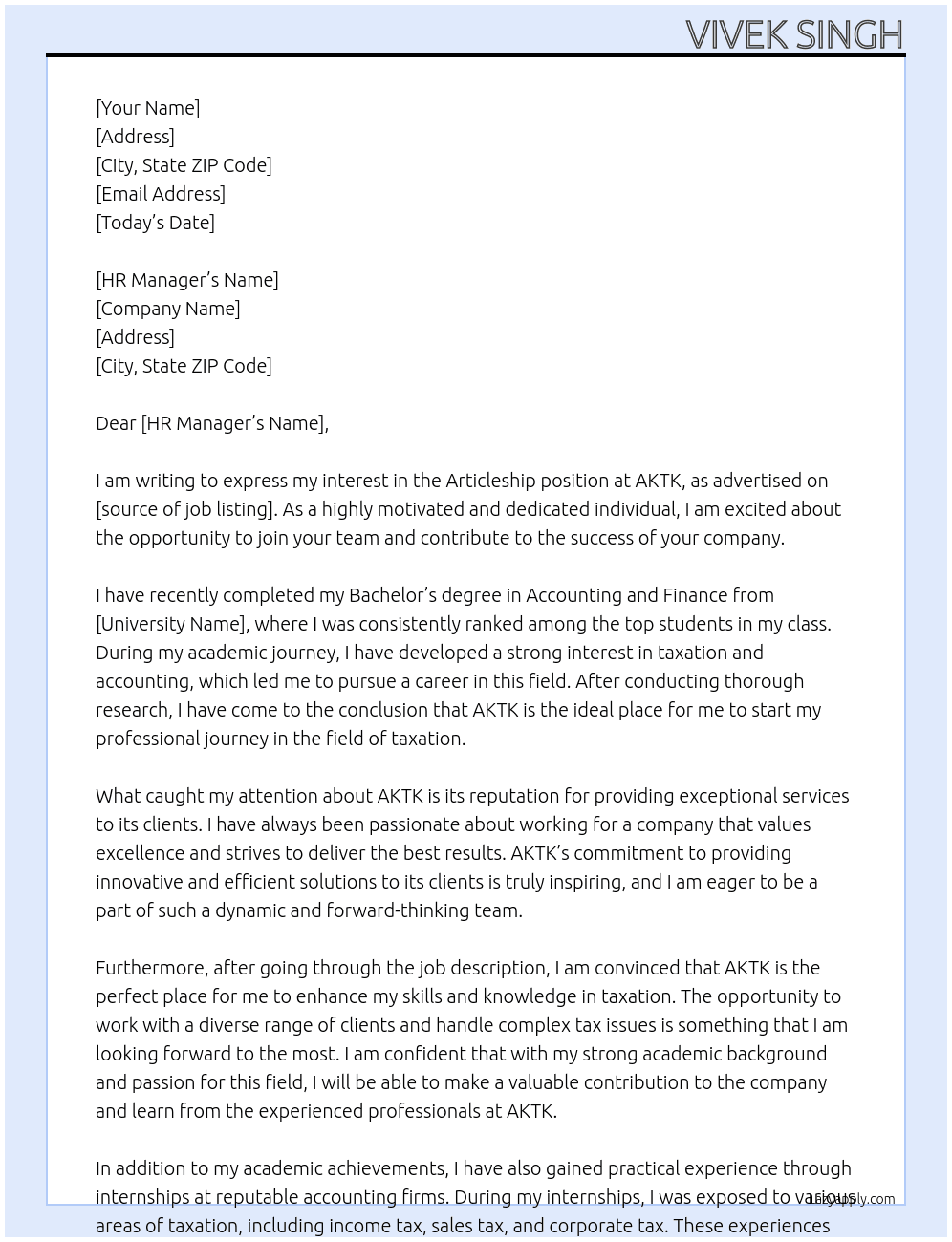 Articleship  At AKTK Cover Letter