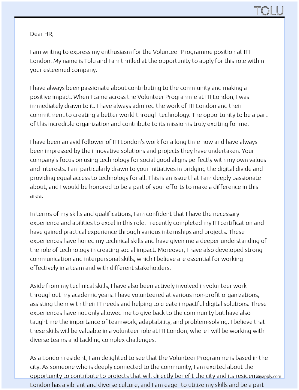ITI London: Volunteer Programme At ITI London Cover Letter