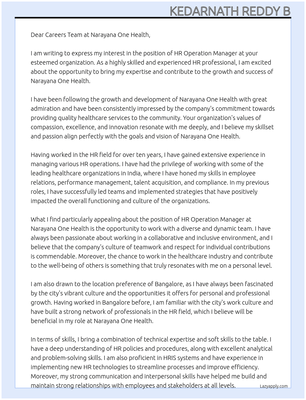 HR Operation Manager At Narayana One Health Cover Letter