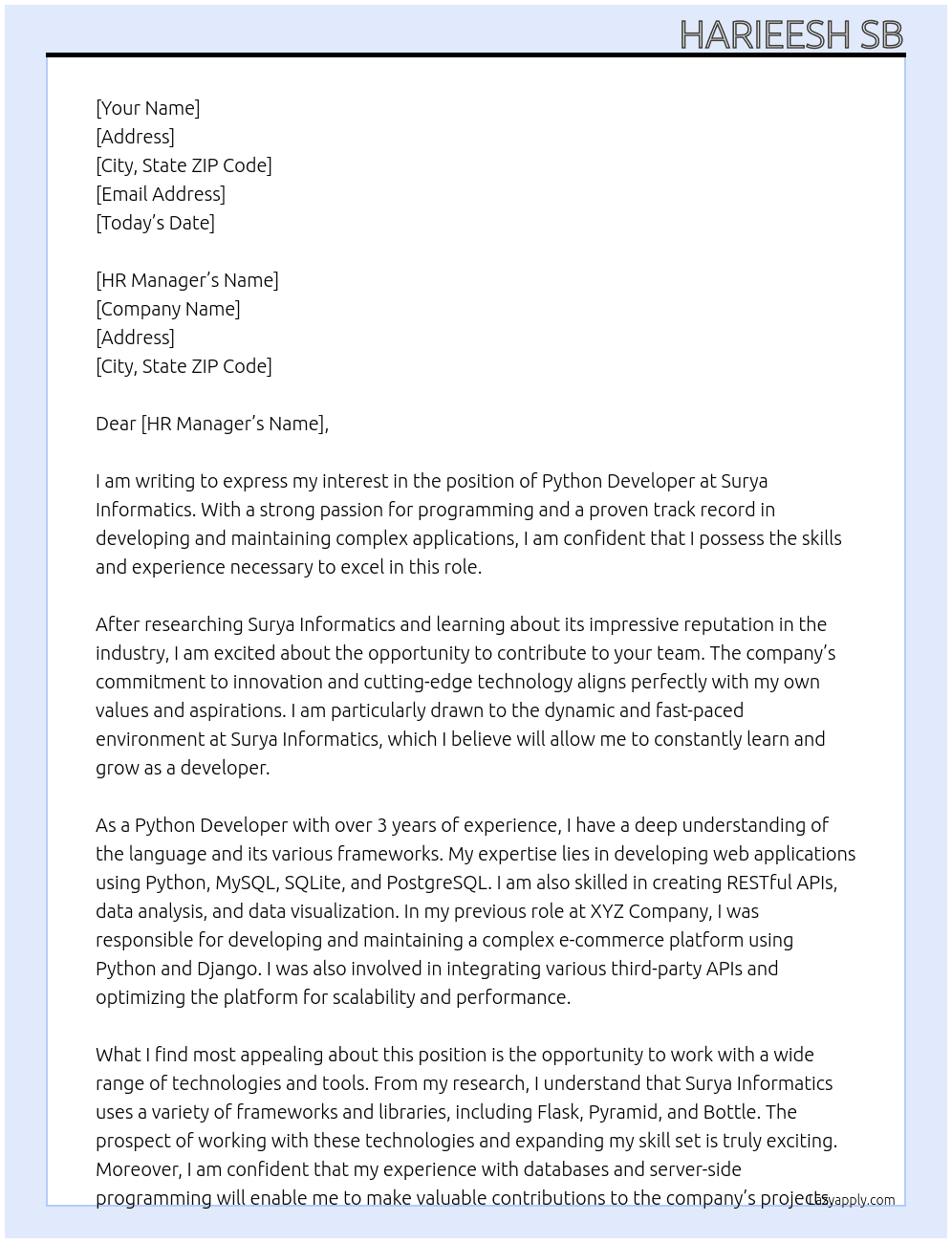 PYTHON DEVELOPER  At surya informatics  Cover Letter
