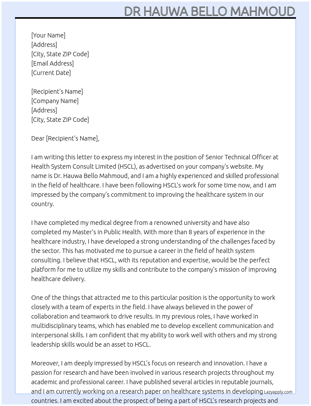 Senior technical officer  At Health system consult limited HSCL Cover Letter