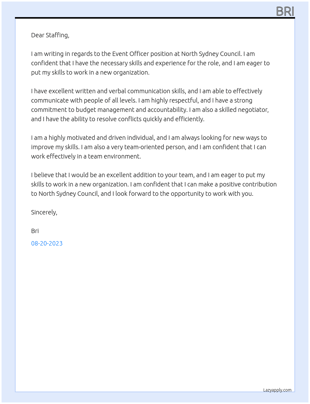 Event Officer At North Sydney Council Cover Letter