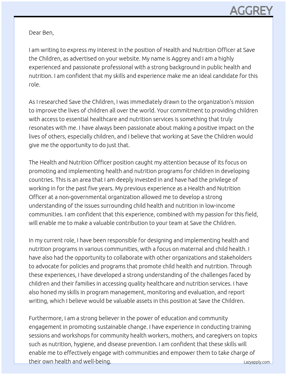 health and nutrition officer  At save the children  Cover Letter