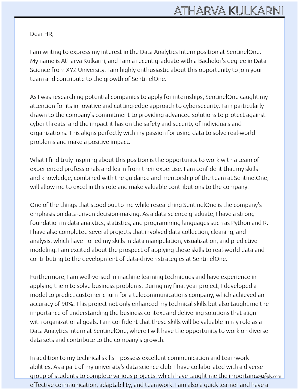 data analytics intern At SentinelOne Cover Letter