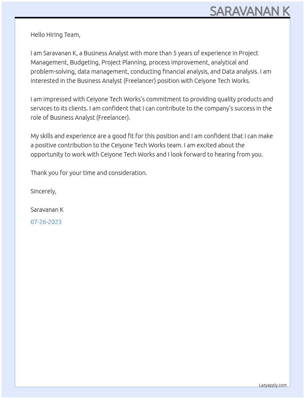 Business Analyst (Freelancer) At Ceiyone Tech Works Cover Letter