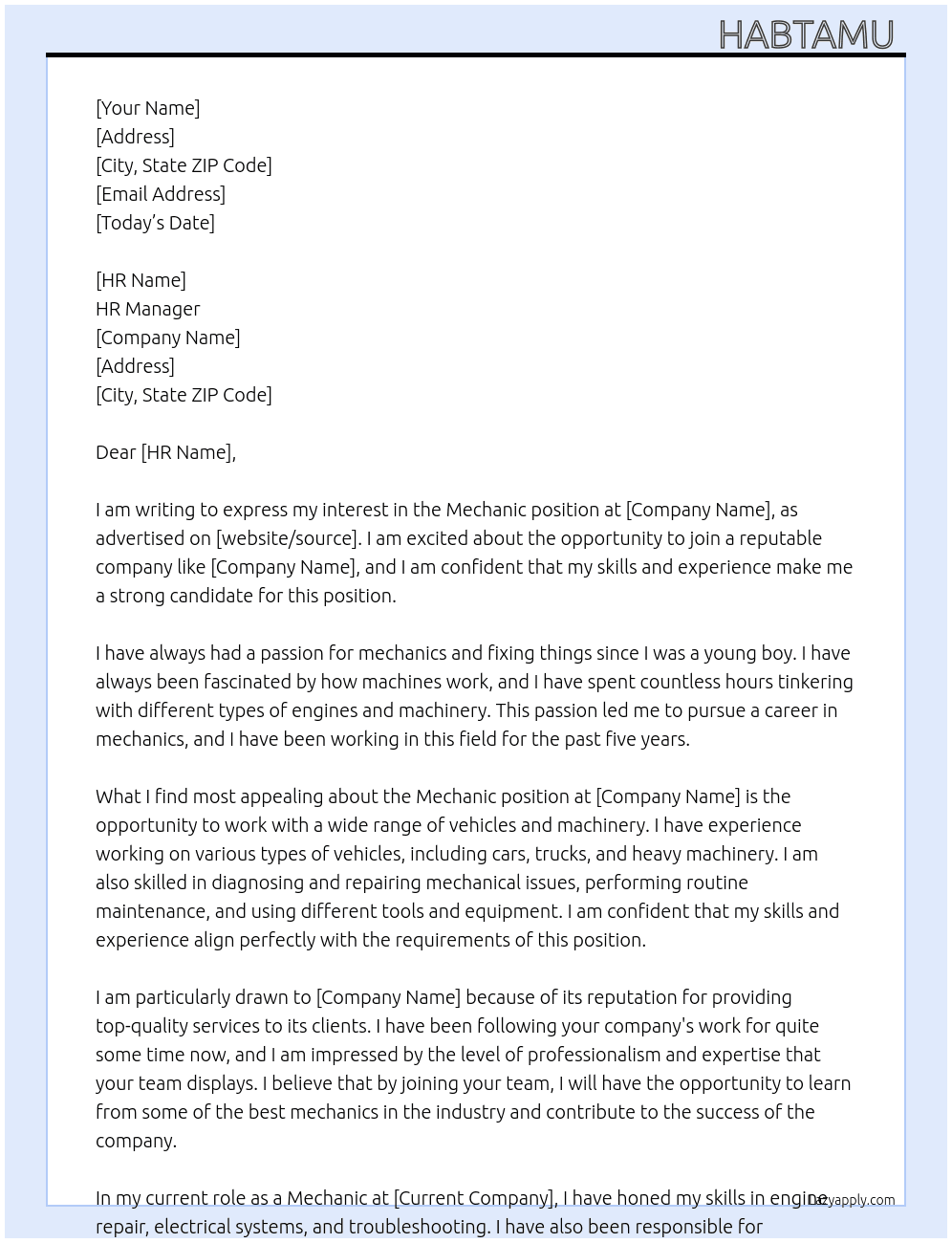 Mechanic  At Company  Cover Letter