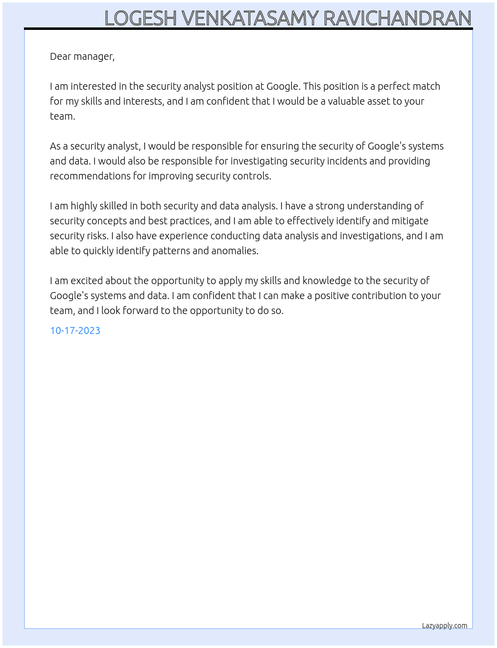 security analyst At google Cover Letter