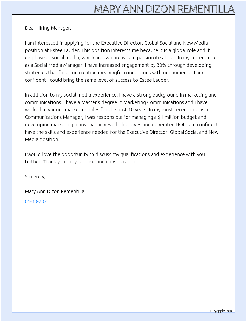 Cover letter for executive director, global social and new media - LazyApply