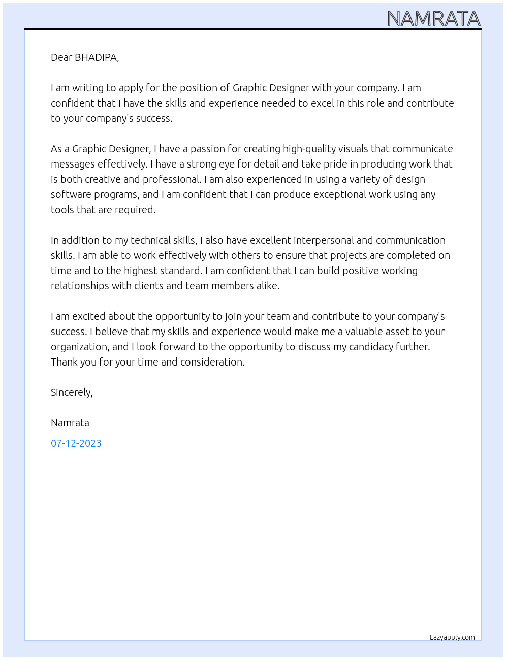 Graphic designer At BHADIPA Cover Letter