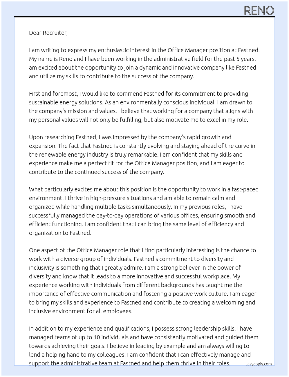 Office Manager At Fastned Cover Letter