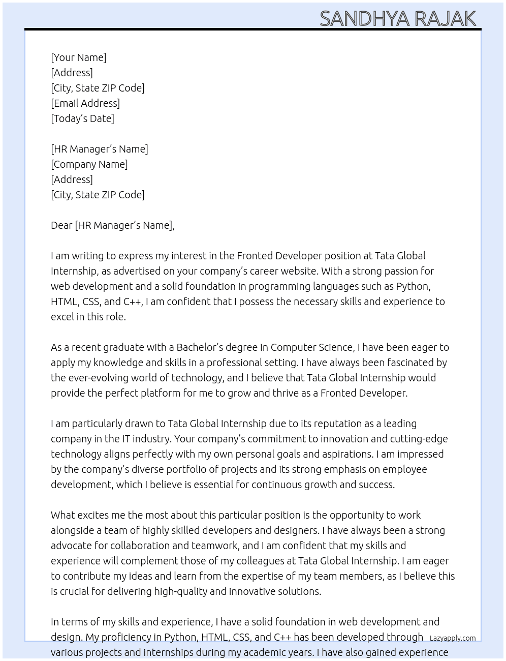 Fronted developer  At Tata global intership  Cover Letter