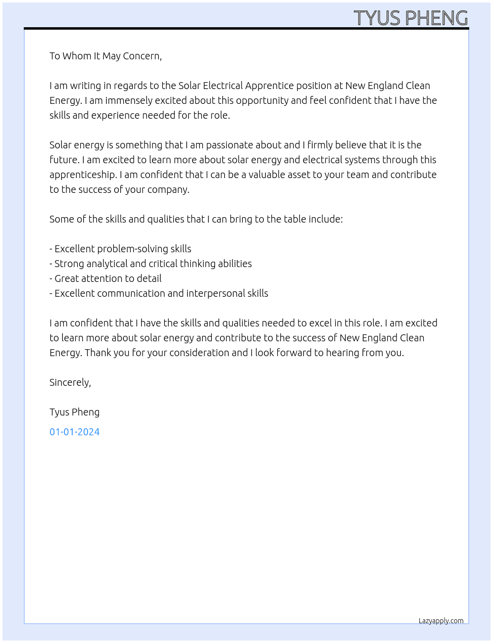 Solar Electrical Apprentice At New England Clean Energy Cover Letter