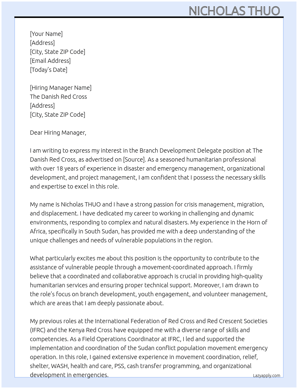 Branch Development Delegate  At The Danish Red Cross Cover Letter