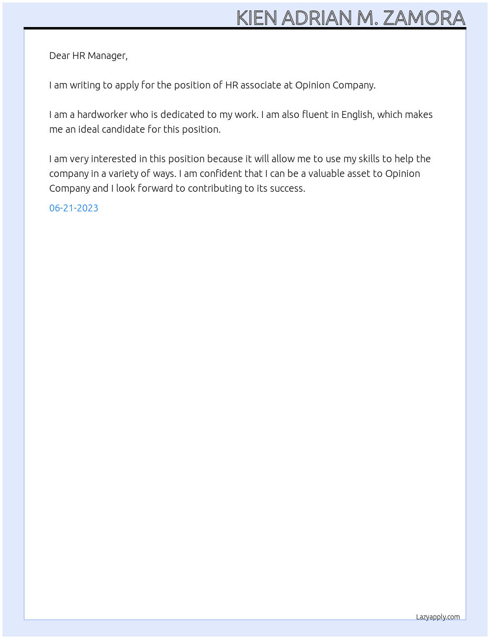 HR associate At Opinion Company Cover Letter