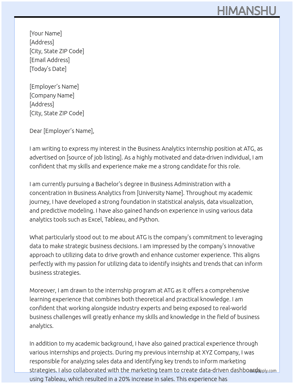 Business Analytics Internship  At ATG Cover Letter