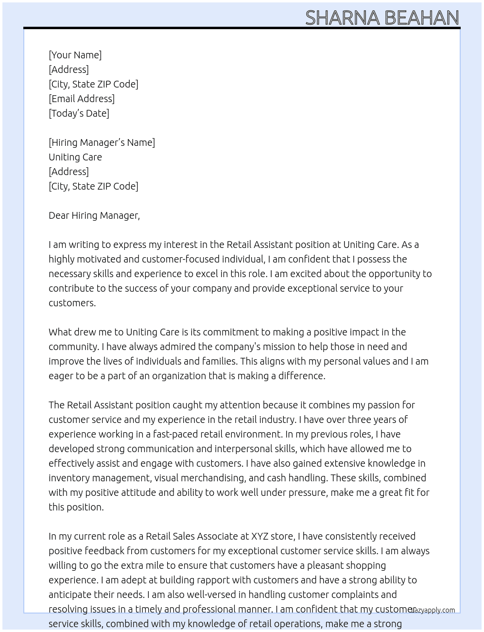 Retail assistant  At Uniting Care Cover Letter