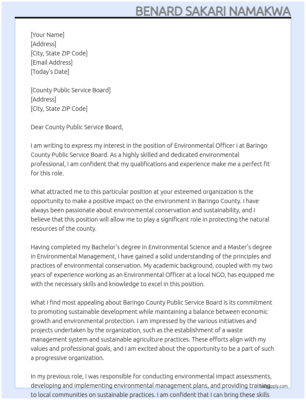 ENVIRONMENTAL OFFICER I  At Baringo County Public Service Board Cover Letter