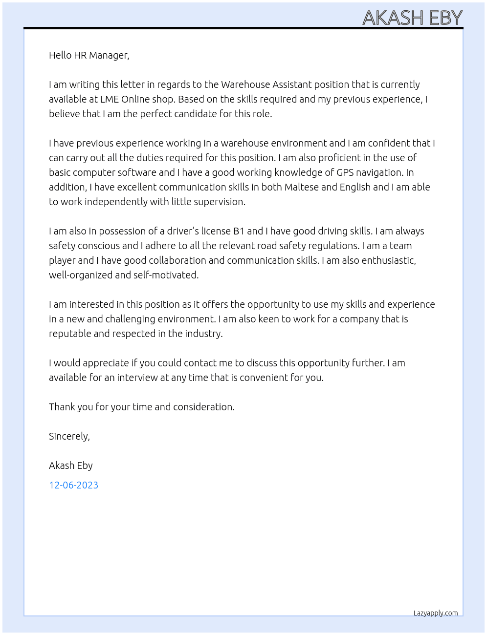 Warehouse Assistant  At LME Online shop Cover Letter