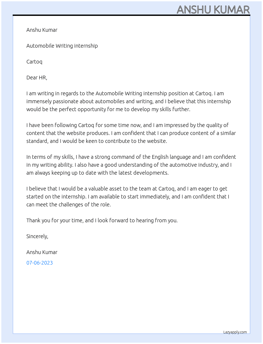 Automobile Writing internship At Cartoq Cover Letter