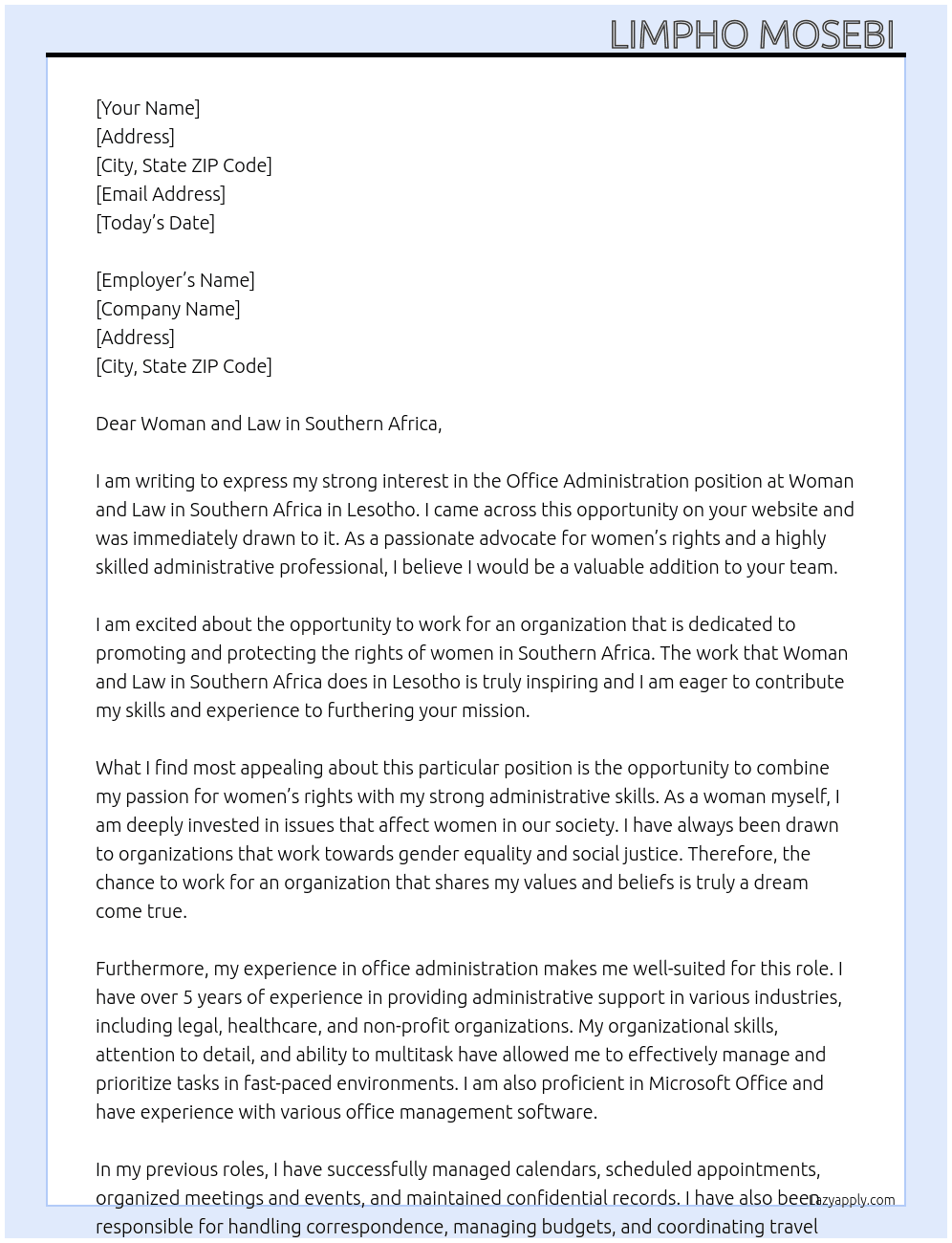 Office Administration  At Woman and Law in Southern Africa  Cover Letter