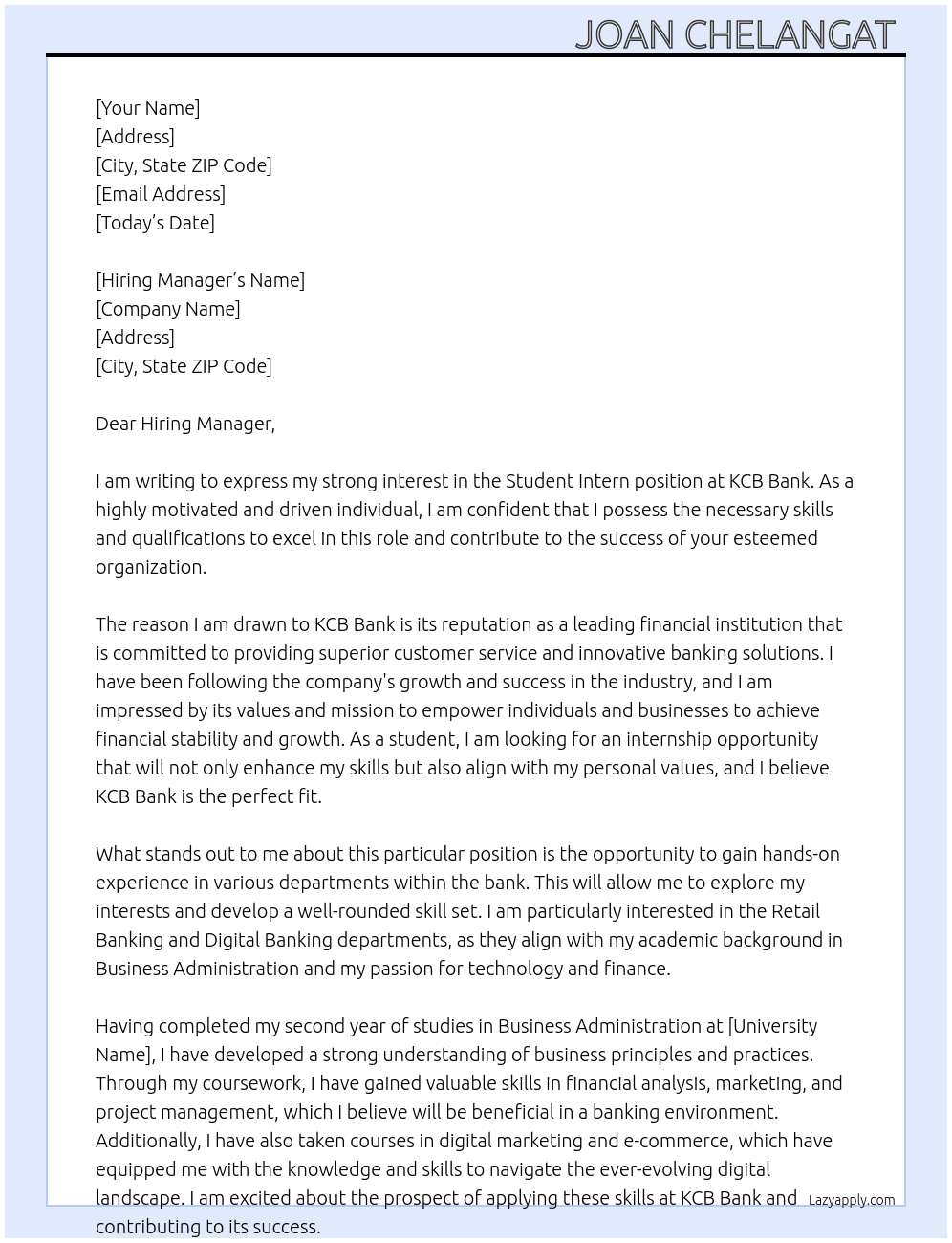 Student intern  At KCB bank  Cover Letter