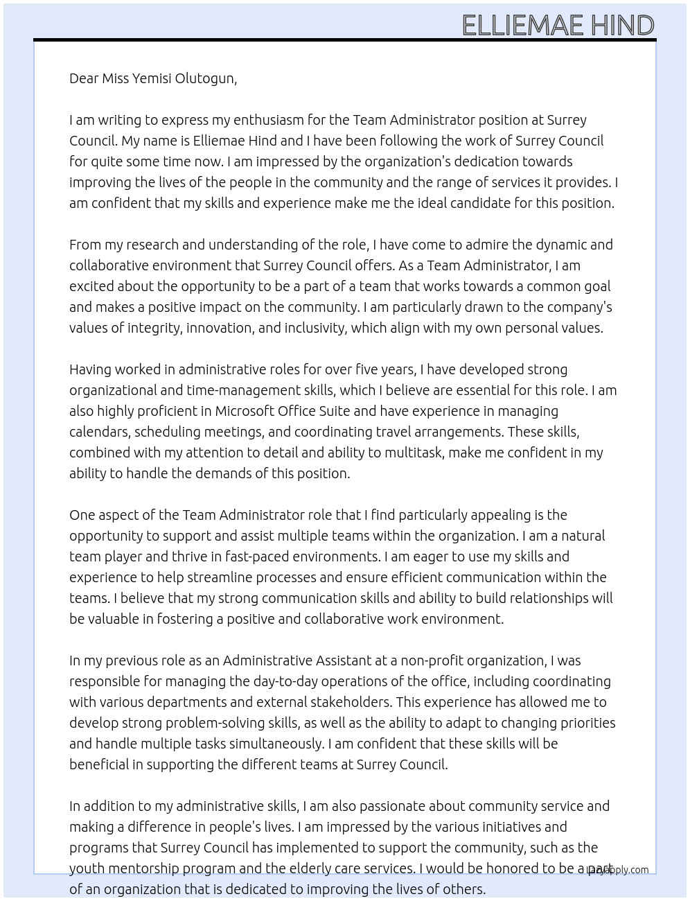 Team Administrator  At Surrey Council  Cover Letter