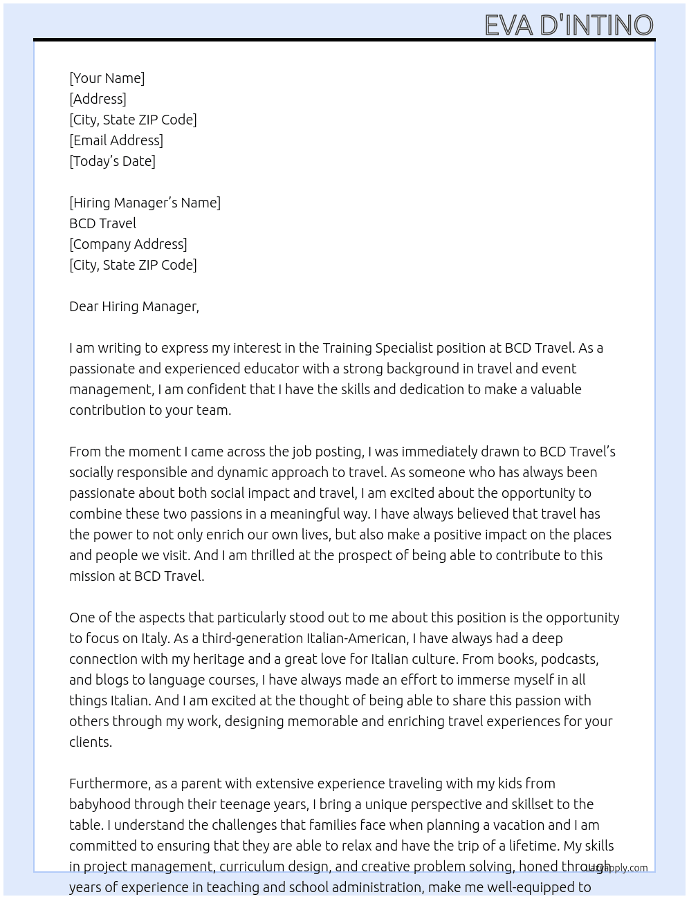 Training Specialist At BCD Travel Cover Letter