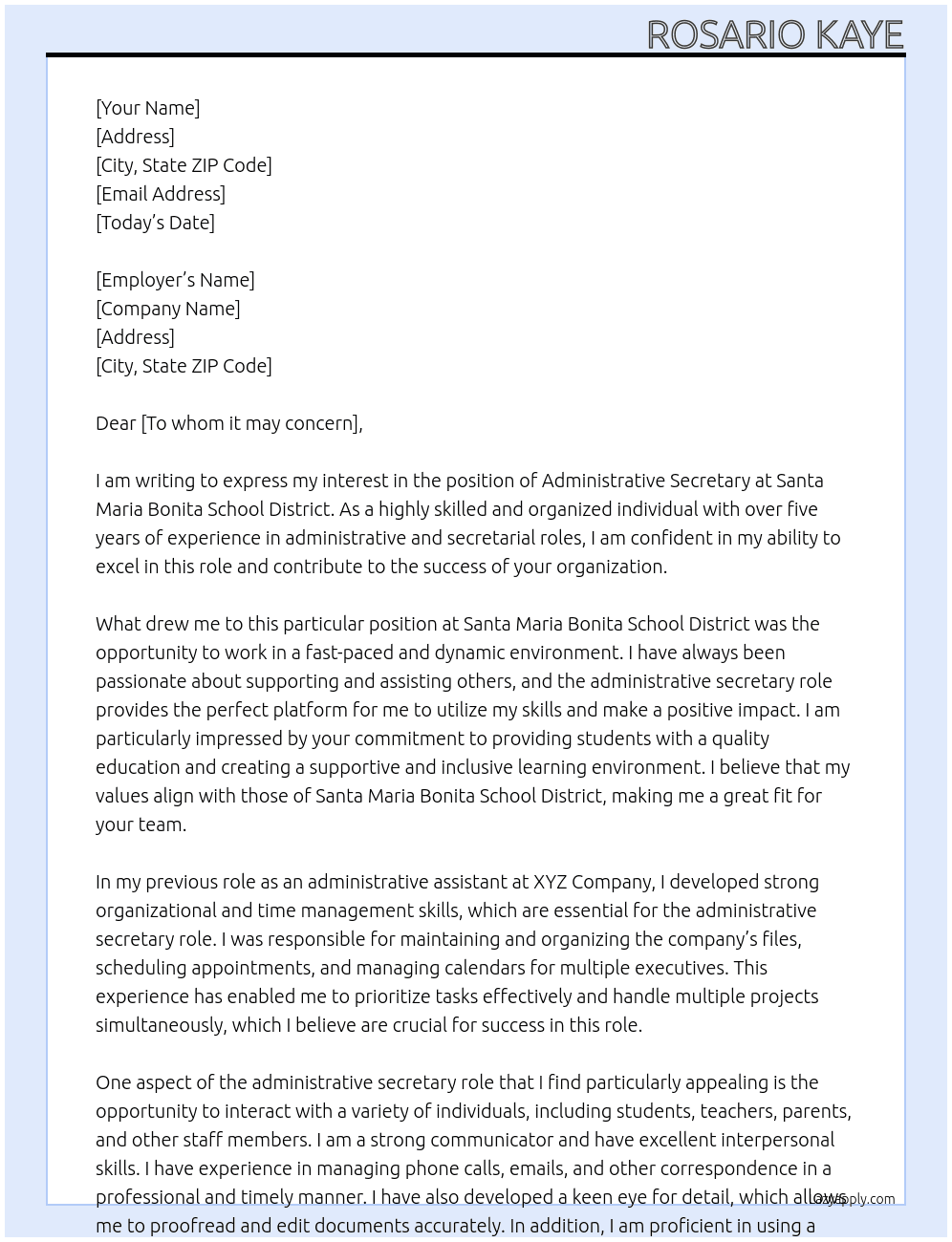 Administrative Secretary At Santa Maria Bonita School District Cover Letter