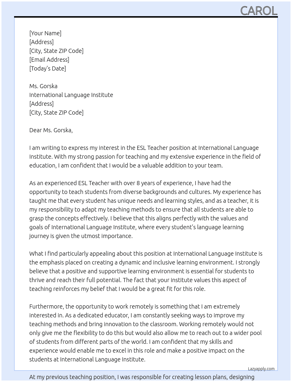 ESL Teacher At International Language Institute Cover Letter
