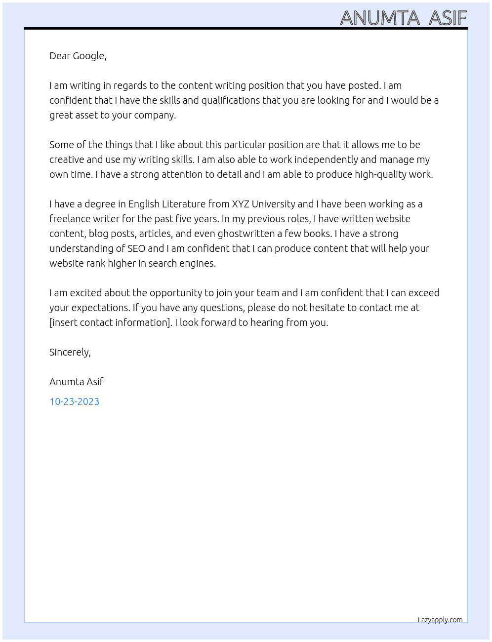 For content writing  At To Google  Cover Letter