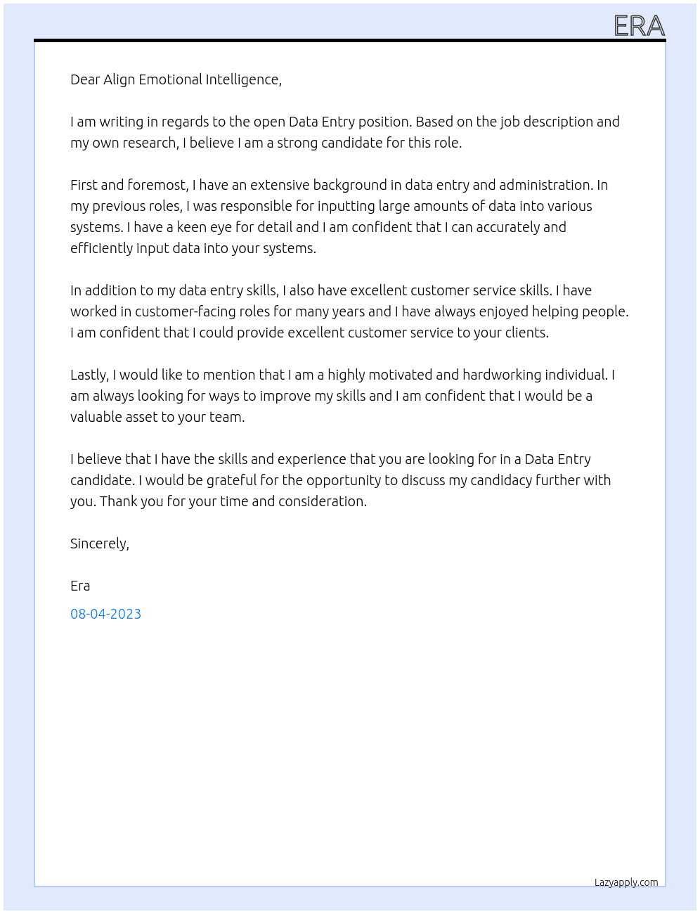 data entry At Align Emotional Intelligence Cover Letter