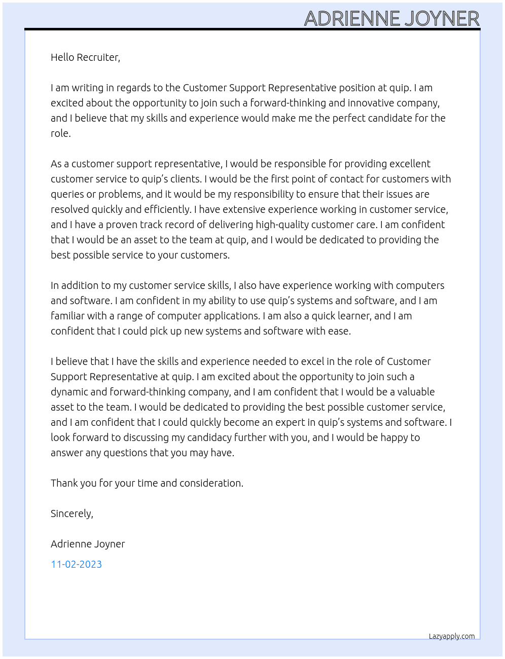 Customer Support Representative At quip Cover Letter
