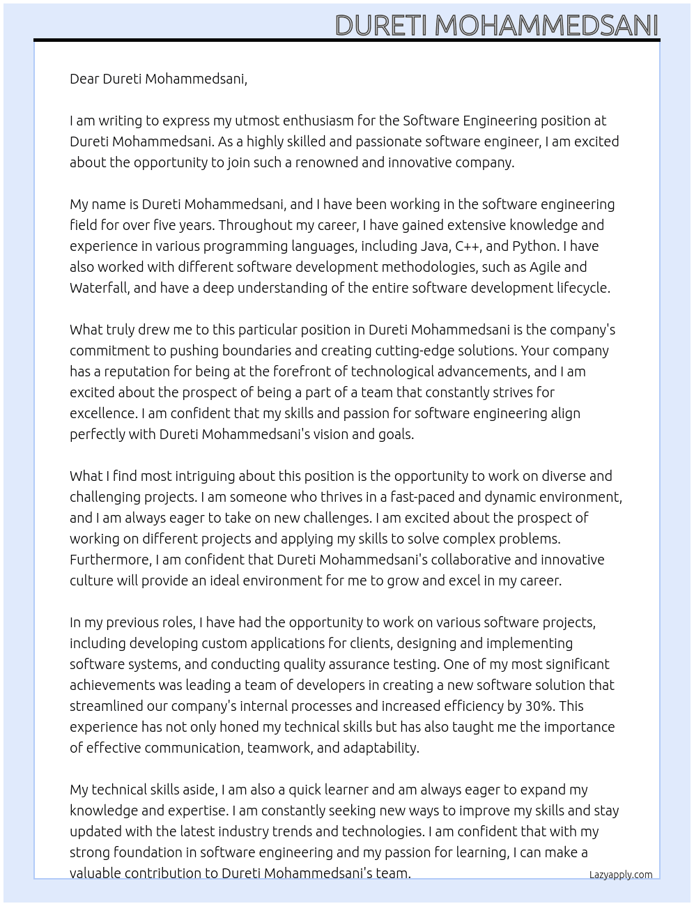 Software Engineering At Dureti Mohammedsani Cover Letter